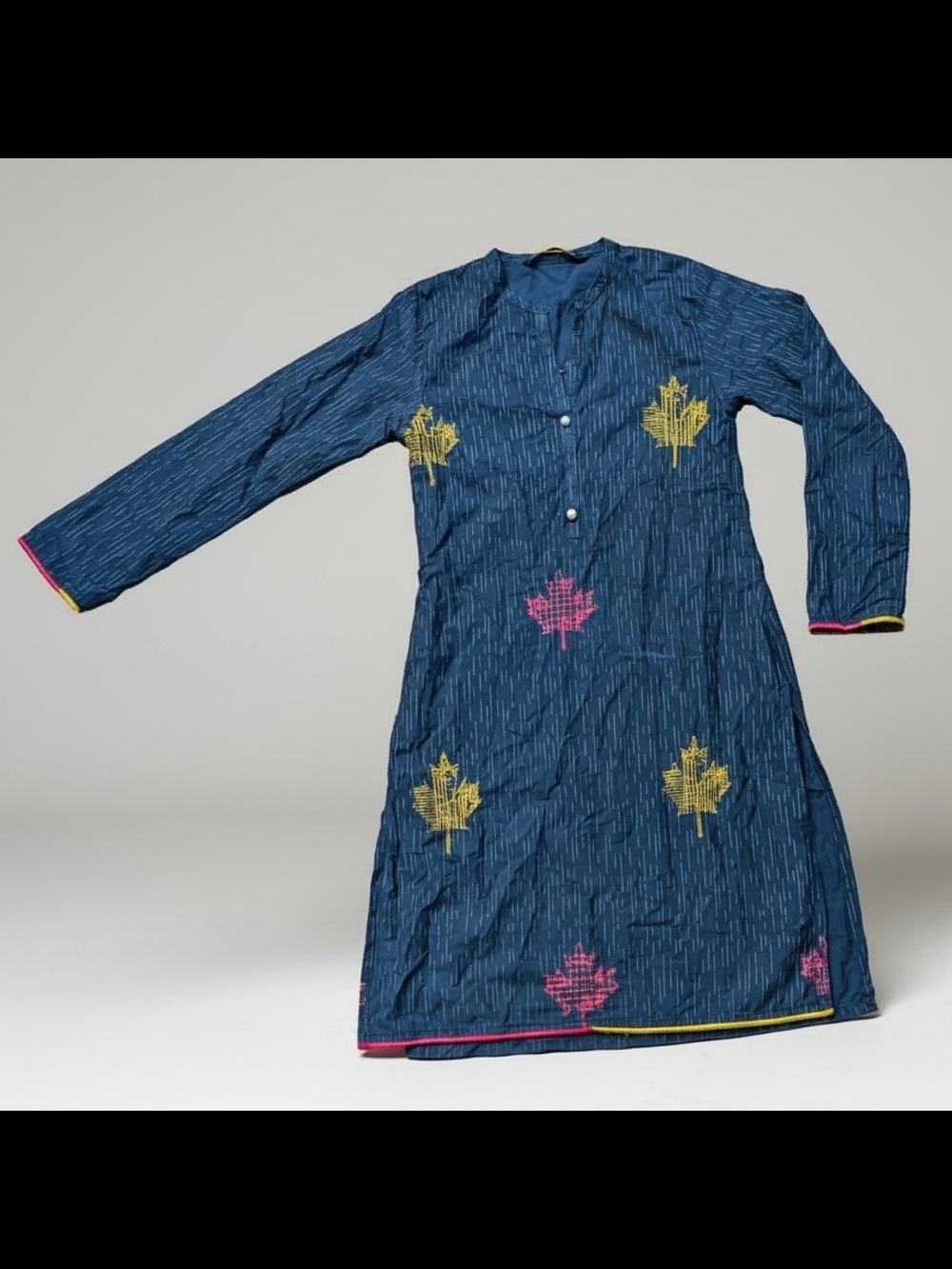 Beechtree Navy Button-Front Kurta Shirt Dress with Maple Leaf Embroidery Size 8